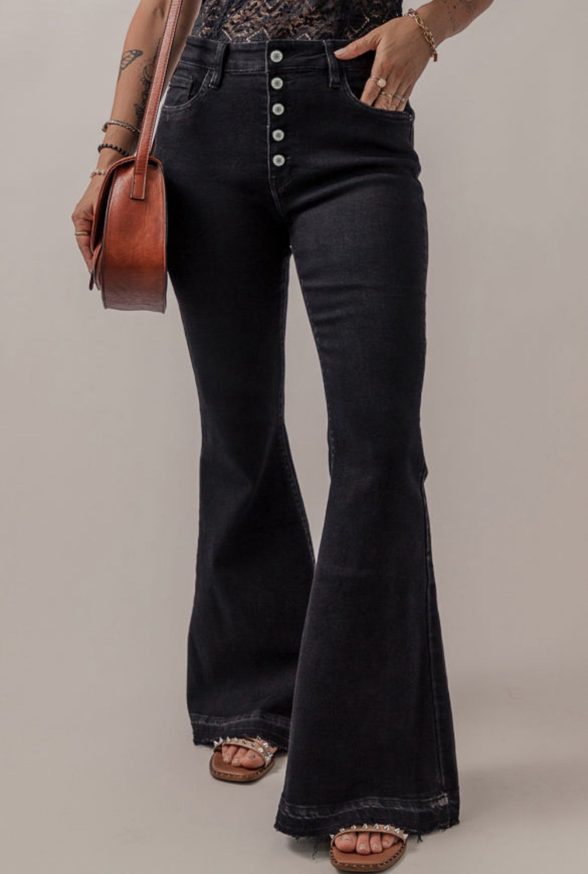 Black High Waist Button Front Flare Jeans