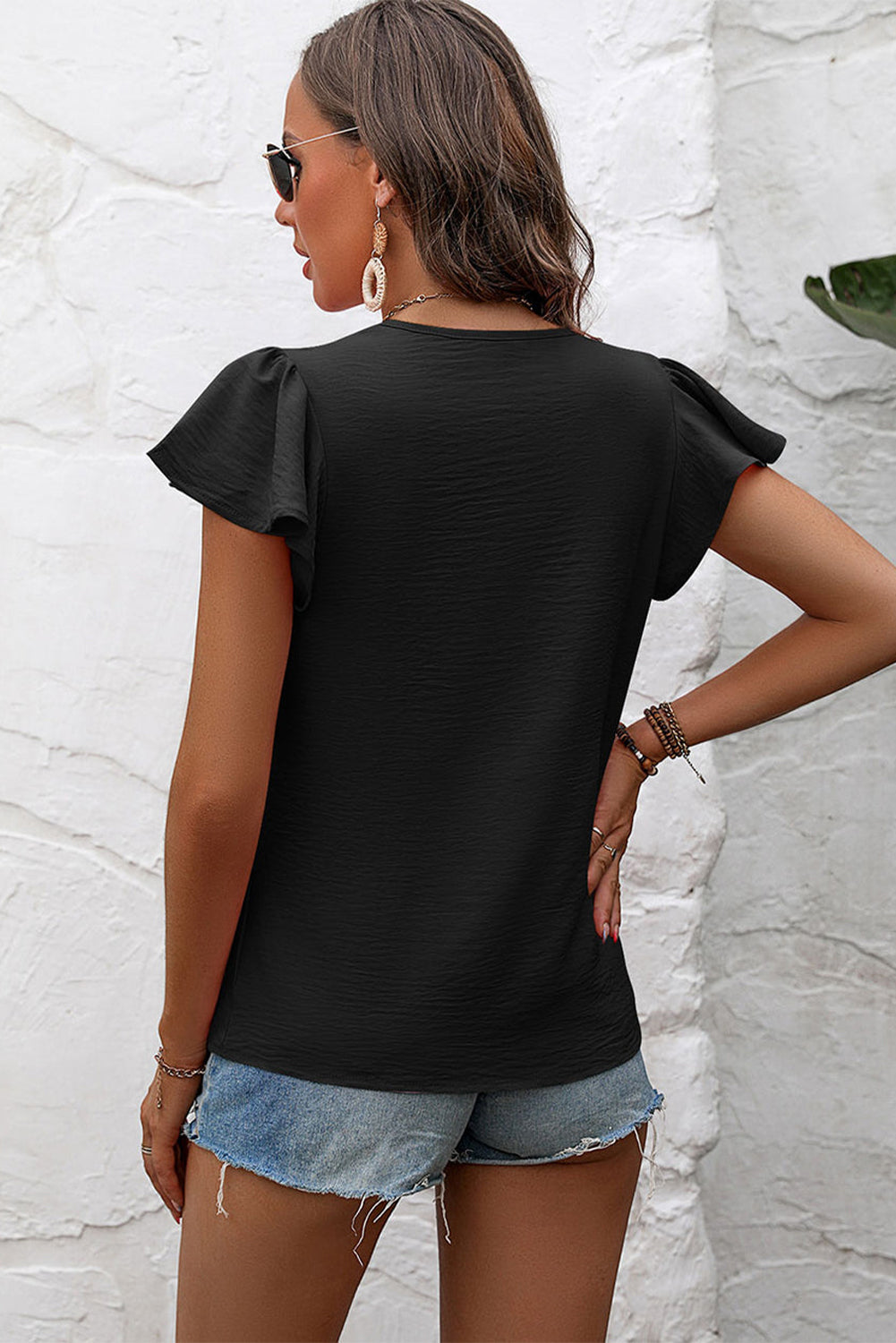 Women's Pleated Flutter Sleeve Top