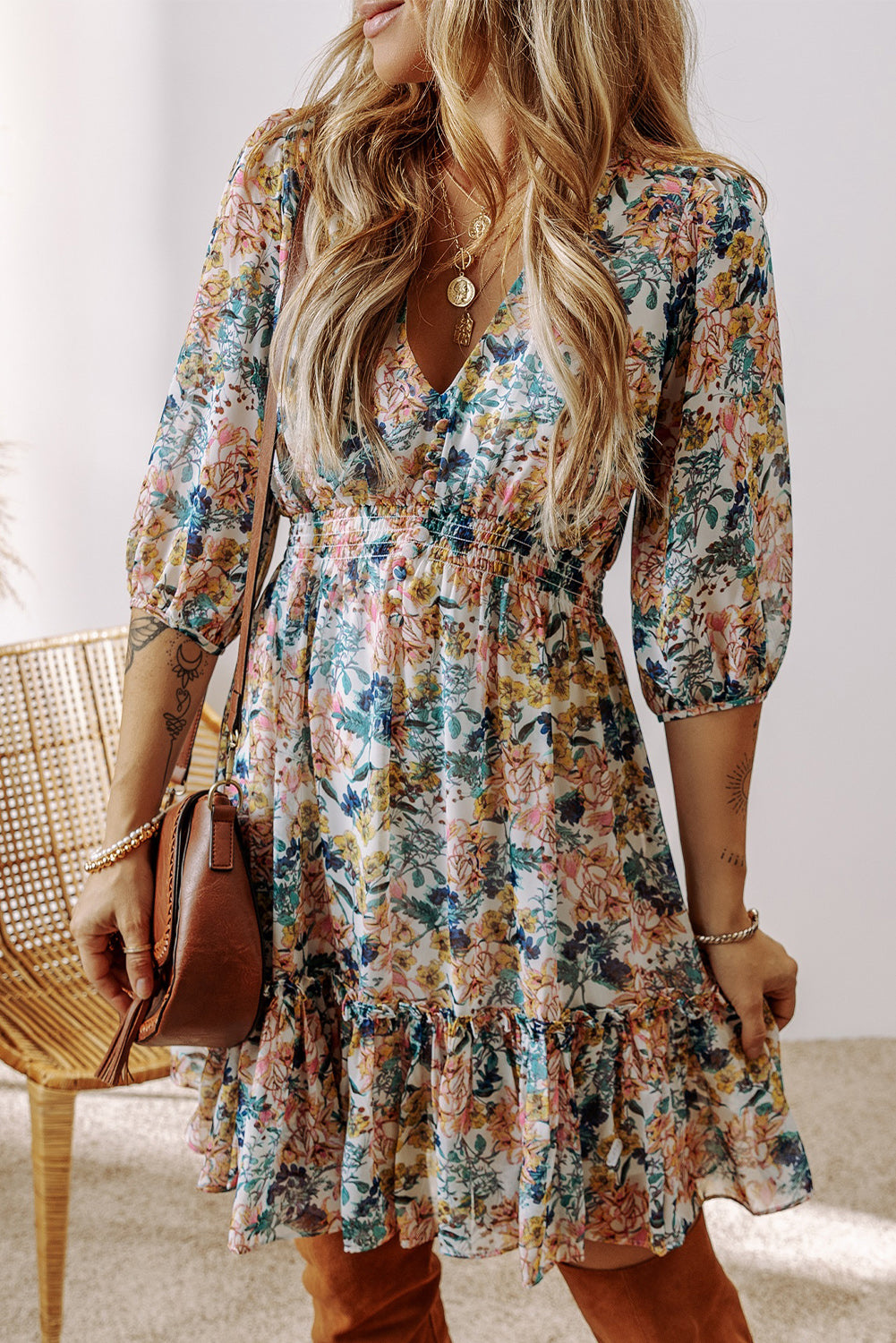 Floral 3/4 Sleeve V-Neck Ruffle Dress